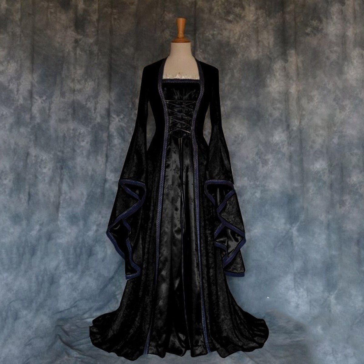 Generisch middeleeuws kostuum voor vrouwen, renaissance jurk met trompetmouwen, gotische maxi jurk, carnaval, Halloween, feest, gotische dames middeleeuwse kleding, kaki-g, 4XL