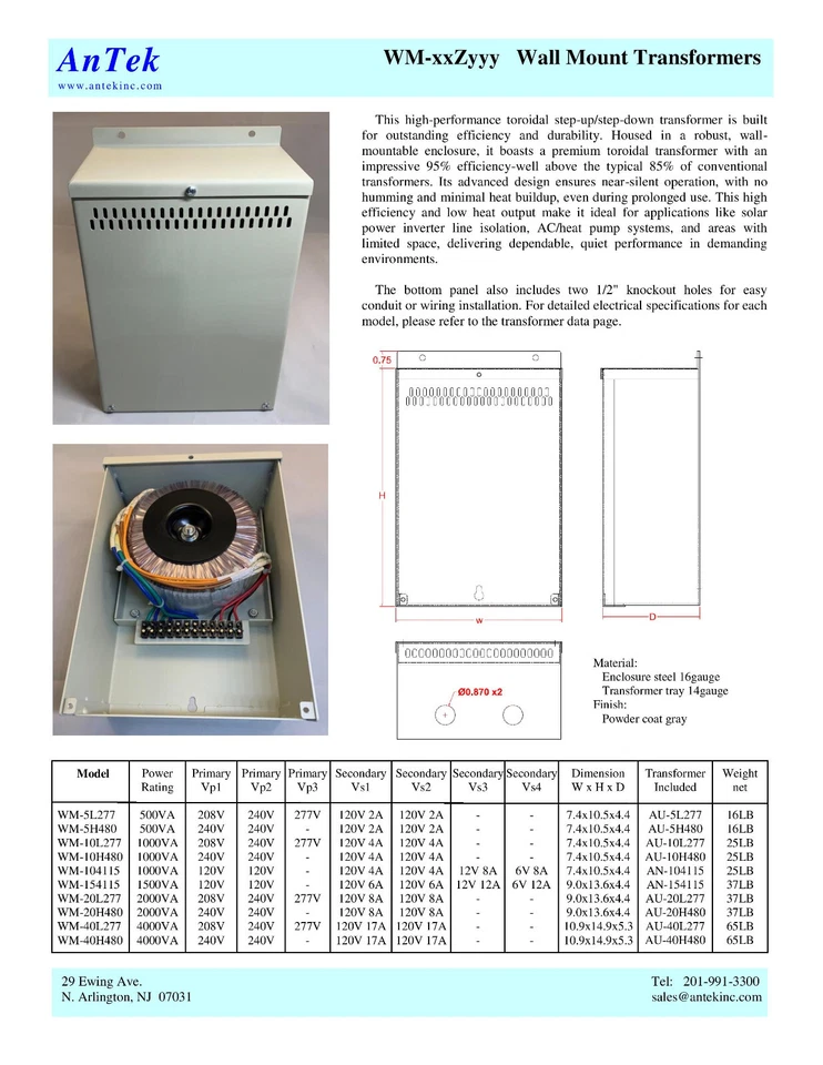 Wall Mount 10kVA 277V to 240V Autotransformer Step Down WM-15D240 Antek - Image 4 of 4