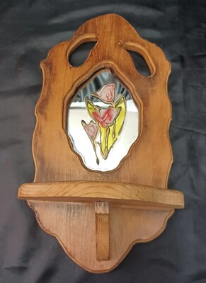 Vintage Wall Wood Flower Mirror Plant Shelf MCM BOHO 17.5'' X 9.5'' 