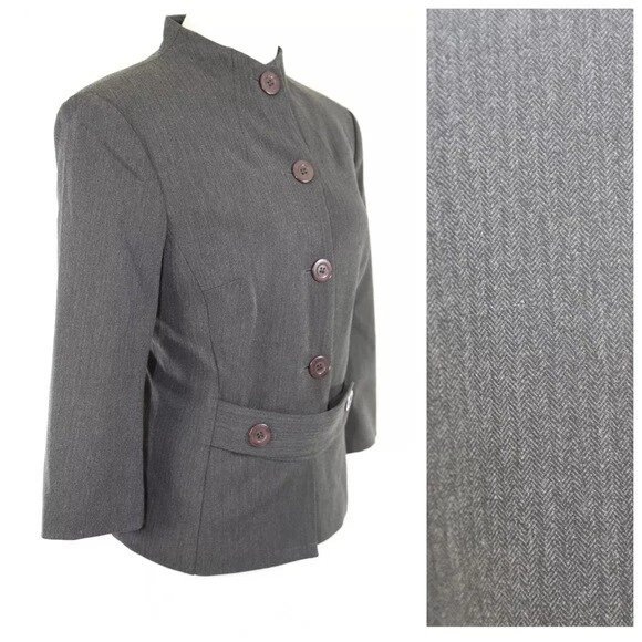 Donna Degnan 大号纽扣修身灰色时尚夹克中号 8 $350 HH — 第 3/4 张图片