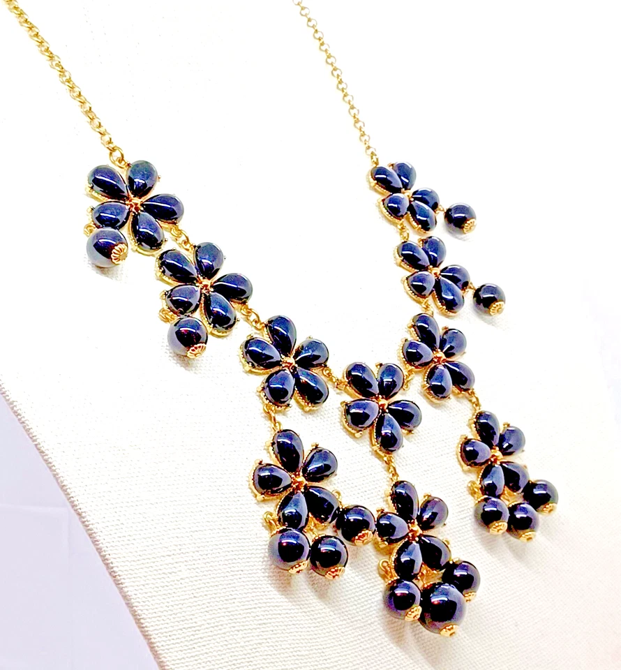 Collar Margarita Flores Floral Negro Acrílico Cabujones Bibb Declaración De Colección 26" Foto 3 de 4