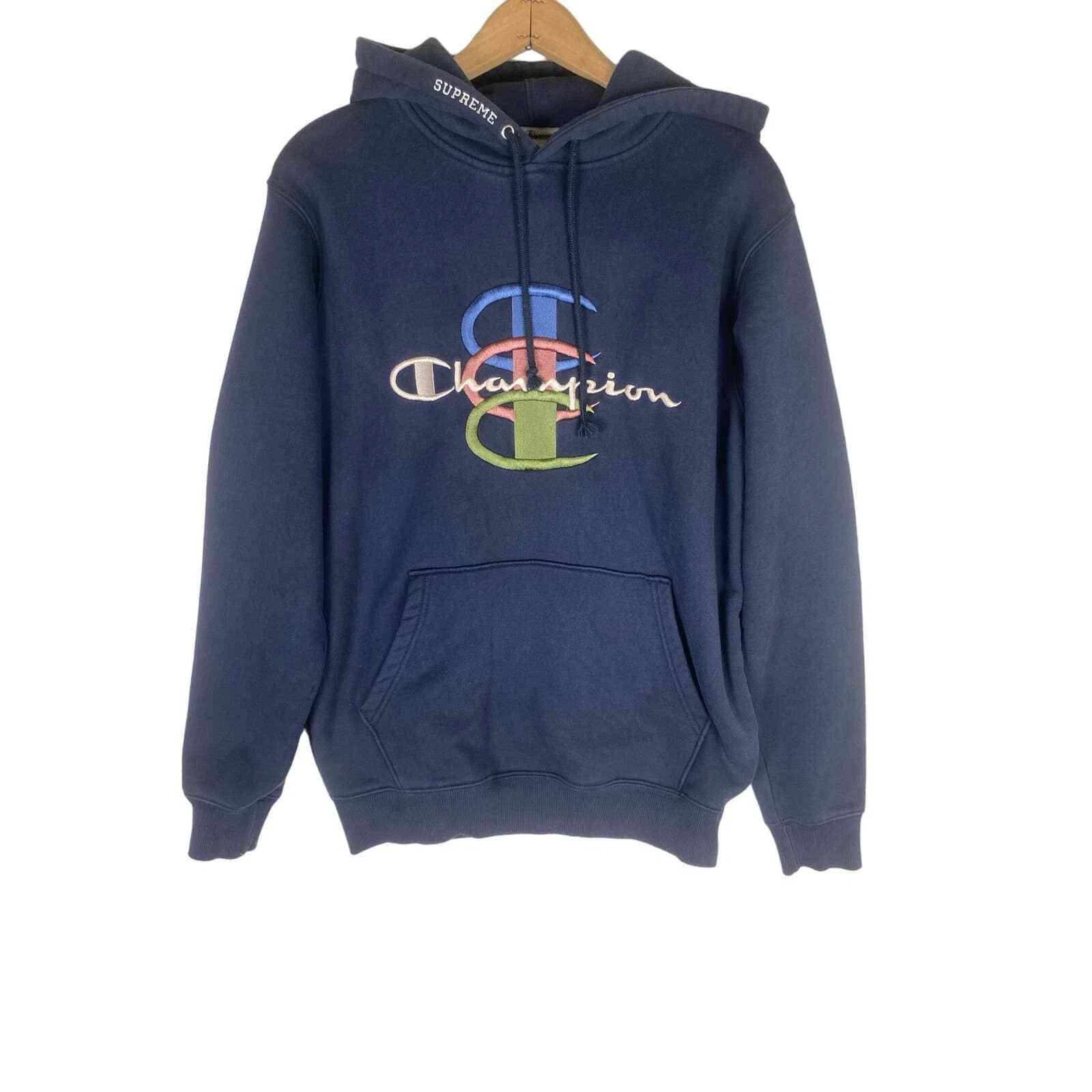 Sweat à capuche marine broderie empilée Supreme X Champion authentique moyen rare FW18 B7
