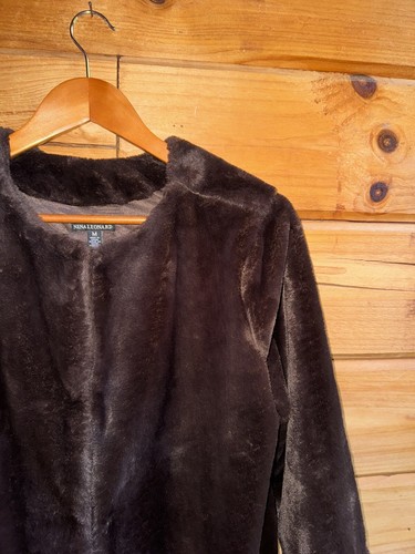 Nina Leonard Sz M 3/4-Slv Faux Fur Jacket Chocolate Brown Mob Wife - Picture 2 of 9