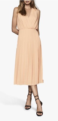 Reiss Size 16 Nude Pink Marion’s Pleated Midi Dress V Neck Wrap Wedding  Guest D2 UK