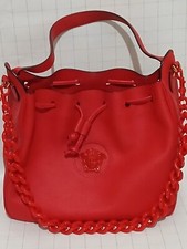 VERSACE Red Leather LA MEDUSA Drawstring Bucket BAG CHAIN & 2 STRAPS