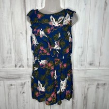 EXPRESS BLUE TROPICAL FLORAL BIRD RUFFLE SLEEVELESS ELASTIC WAIST ROMPER SMALL
