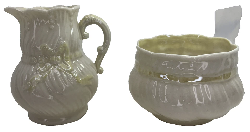 Conjunto de marca verde vintage Belleek patrón de lazo amarillo crema y azúcar Foto 4 de 4