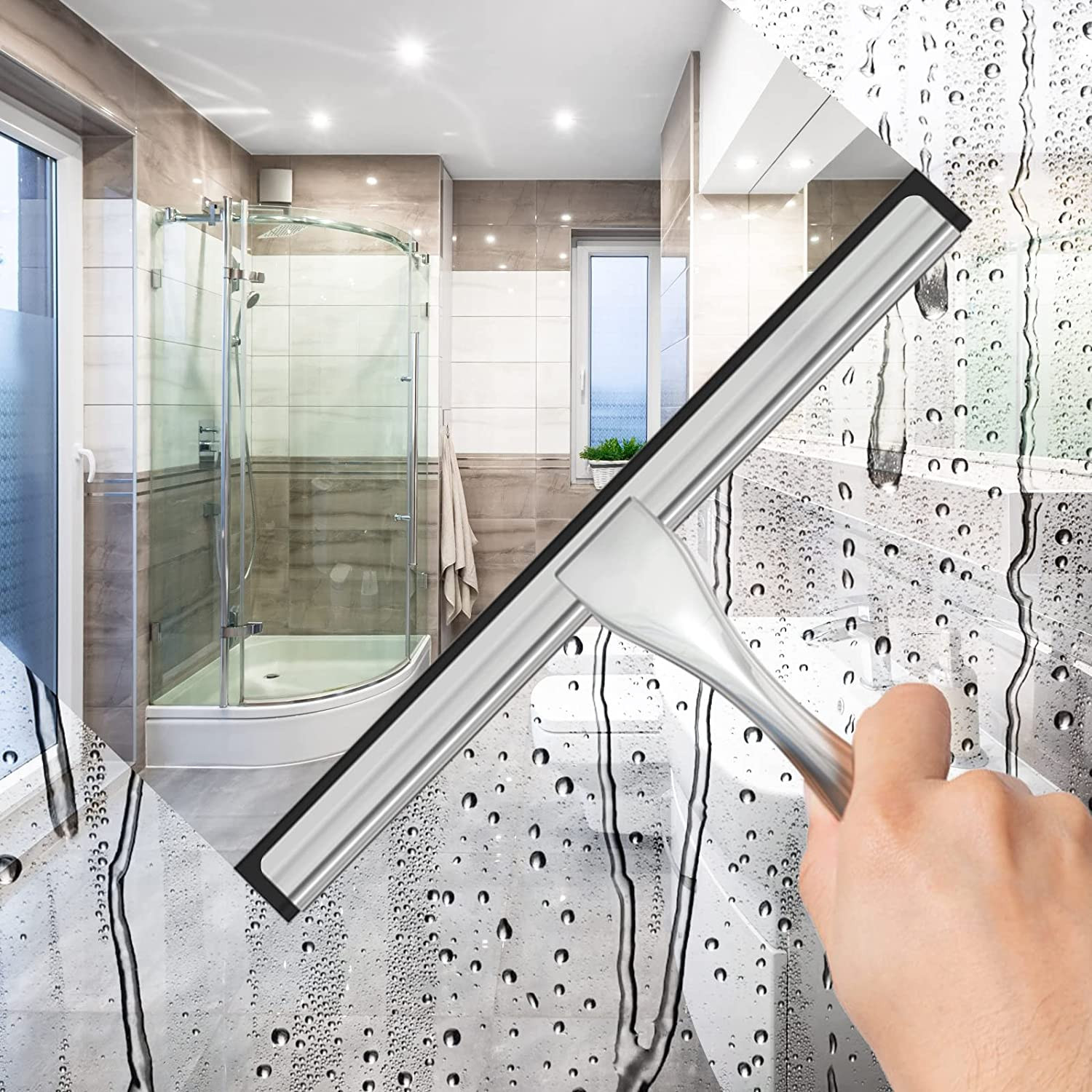 All-Purpose Stainless Steel Shower Squeegee for Shower Glass Door with 2 Adhesiv