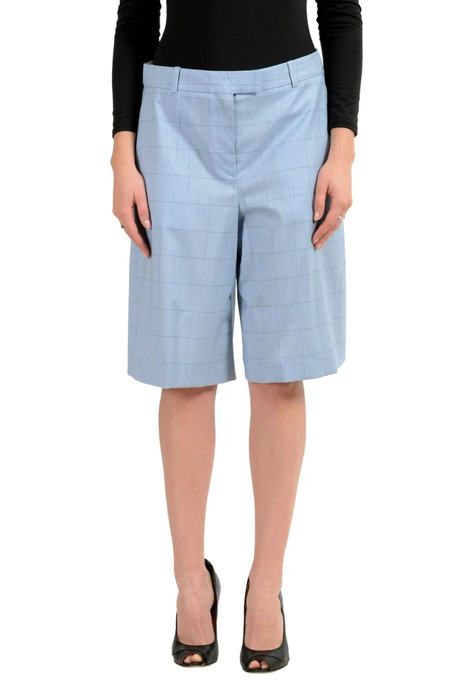 Pantalones Cortos Hugo Boss "Tathea" Para Mujer Lana Seda Azul A Cuadros US 4 IT 40