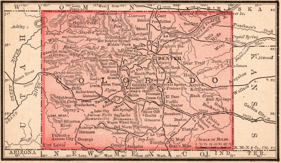 Framed Original 1889 Antique Map COLORADO Denver Pueblo Longmont Golden