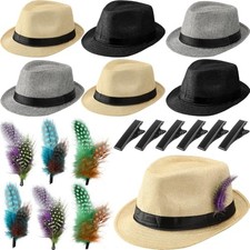 6 Pack 1920s Unisex Party Costume Straw Fedora Hats For Men, Cuban Fedora Sun