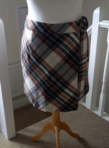 Brown & White Checked Tartan Plaid Lined Skirt Size 16 Length 18" Next
