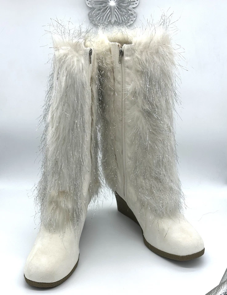 Joan Boyce слоновой кости зимние белые лохматые металлический зимние ботинки на танкетке редкая размер 12 - Изображение 3 из 4