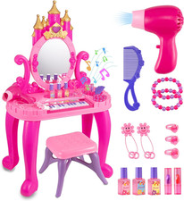 Vanity Makeup Table Toy with Adjustable Mirror, Comfortable Seat, Electronic Org