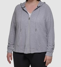 Calvin Klein Womens Gray Full Zip Hoodie Ruched Sleeve Sweater Plus Size 3X