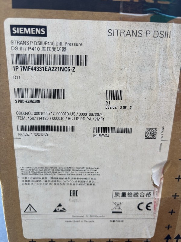 Siemens SITRANS P DSIII/P410 Differential Pressure Sensor 7MF44331EA221NC6-Z