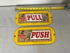 2  VINTAGE MOUNTAIN DEW PORCELAIN PAIR DOOR PUSH PULL SIGNS SODA BEVERAGE