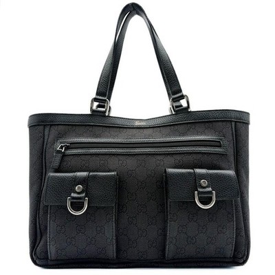 GUCCI GG Pattern Canvas Tote Bag Black Leather Shoulder Damen Outlet