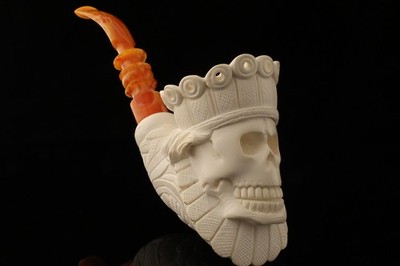 srv - Tyrant King Skull Block Meerschaum Pipe by I. Baglan with case 15398