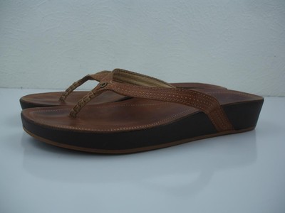 Olukai Women's sz 10 M Ola Flip-Flop Tan Brown Leather Thong Sandals Wedge  Heel