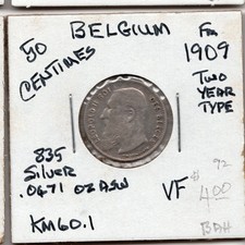 1909 50 Centimes BELGIUM .0671oz Silver 2 Year Type World Coin VF