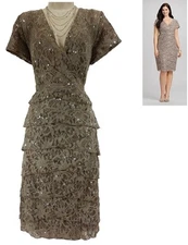 Beige Tan Lace Tiered Dress w/Sequins Size 14 Special Occasion Wedding Party