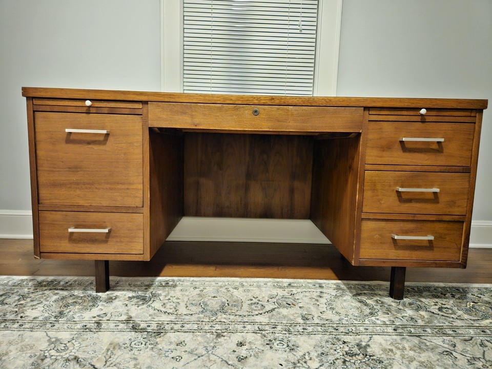 A genuine Jofco mid-century executive desk — a known American commercial furniture maker, making this a legit MCM find for the serious home office upgrader.