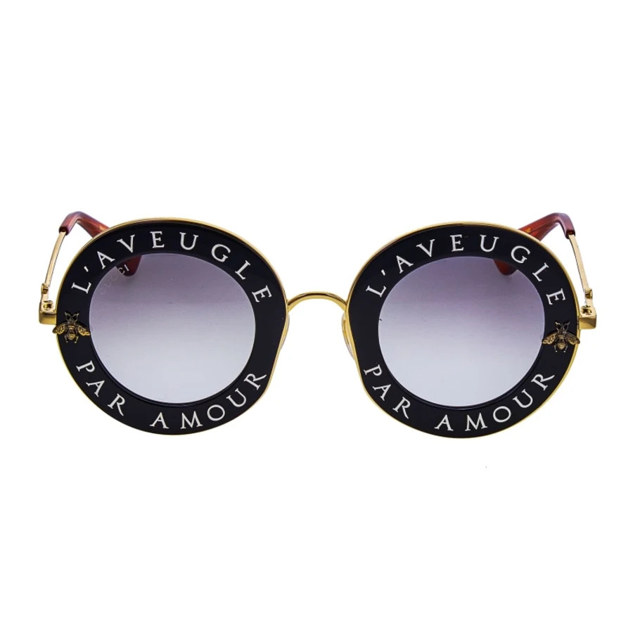 Gucci Gold and Black Round Frame Grey Women's Sunglasses GG0113S-001-PO