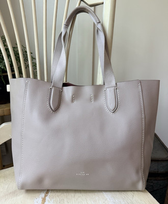 Coach 58660 Derby Tote Pebble Leather Shoulder Bag Light Taupe w/ Oxblood Inside