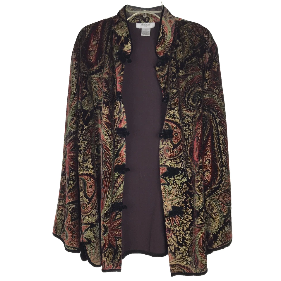 Aria A. Velvet 长袖纽扣切换佩斯利高领上衣衬衫丝绸 XL — 第 2/4 张图片