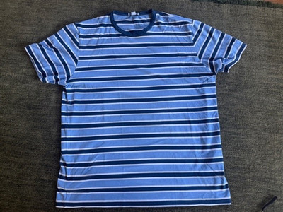 Sunspel Shirt Mens Large BLUE Striped Cotton  T Shirt  LARGE