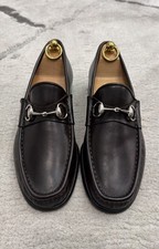 Authentic Gucci Web Silver Horsebit Brown Leather Mens Loafer US8.5 EU42 UK8