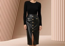 Women's Genuine Leather Skirt Slit Pencil Elegant Office Party Outfit