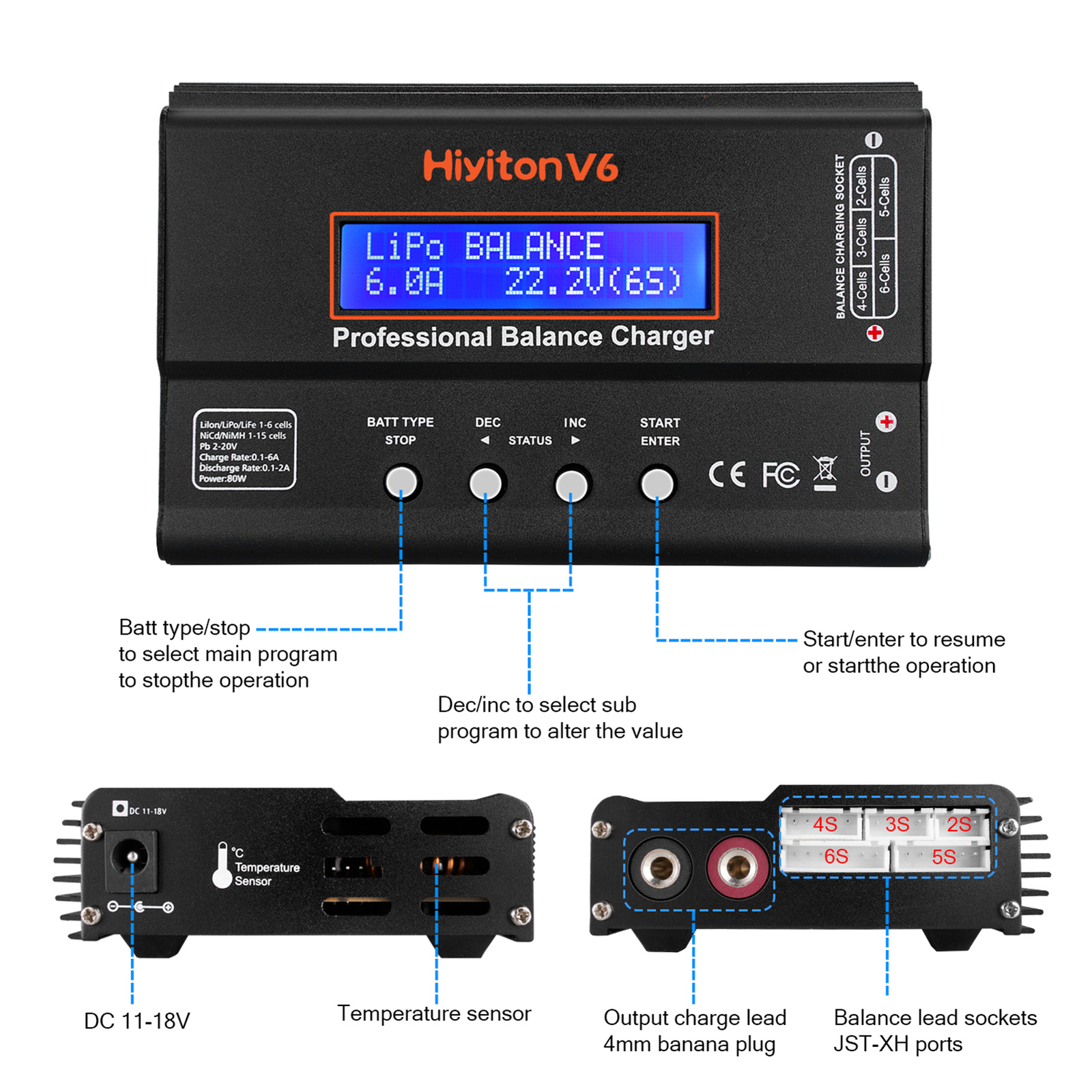 V6 Battery Charger,Balance Charger Discharger 1S-6S Digital Battery Pack Charger