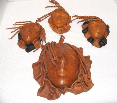 BROWN/ BLACK  HAND CRAFTED AFRICAN LEATHER FACE WALL DECOR MOLDED MASKS LOT of 4