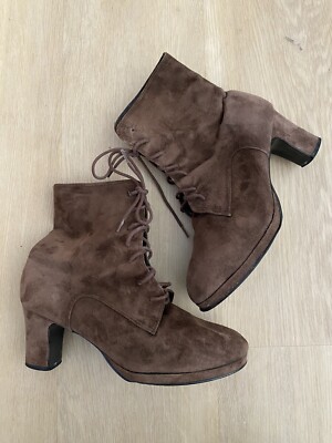 Vintage Brown Suede Lace Up Block High Heel Boots Women Size 7 - Leather Upper