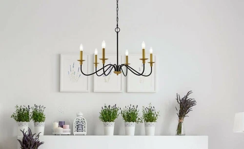 Farmhouse Chandelier 6 Light Fixture Gold and Black Dining Room Foyer or Kitchen - Picture 4 of 7