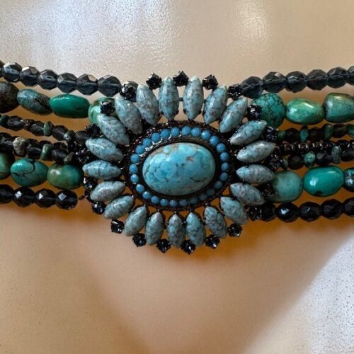Cintura Neiman Marcus Navajo turchese argento pietra a grappolo concho perline western - Foto 3 di 16