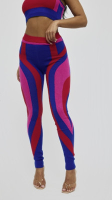 Pretty Little Thing Womens Red Color Block Knit Leggings Pink Blue Size Small
