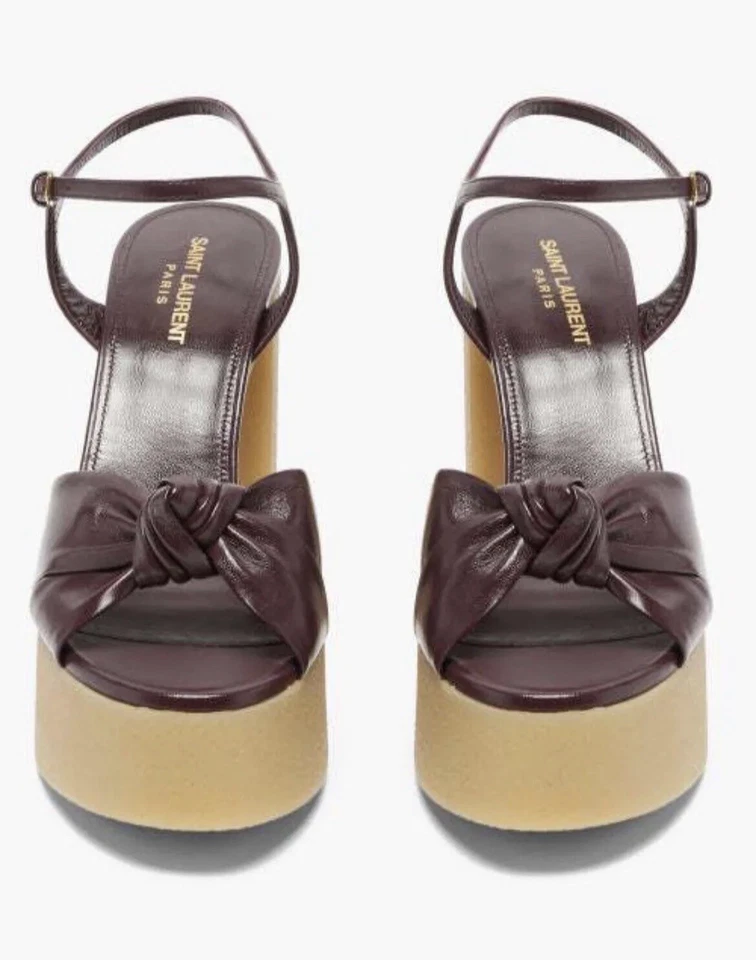 NUEVAS Sandalias Saint Laurent Bianca Plataforma Cuero Anudado Y Goma - Borgoña  Foto 2 de 4