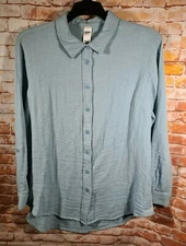 BNWT Womens Sz 26 Anko Curve Stone Blue Slub Long Sleeve Button Shirt