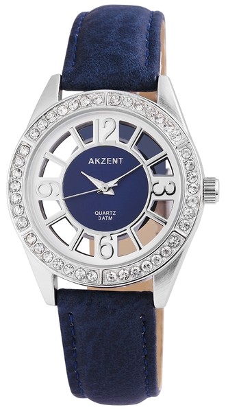 Akzent Damenuhr Glasboden Armbanduhr Lederimitationarmband Blau Crystal 3 Atm-image