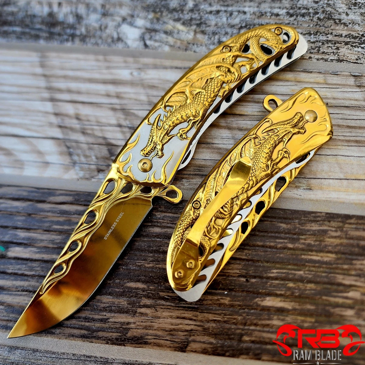 8.5 Gold Blade Pocket Knife Folding Assisted Spring Open Tactical Steel  Handle