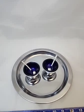 England Stainless Steel Open Salt Dish Cobalt Blue Glass Insert Spoon Plate Vntg