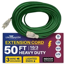50ft Power Outdoor Extension Cord & Indoor - Waterproof Electric Drop Cord Cable