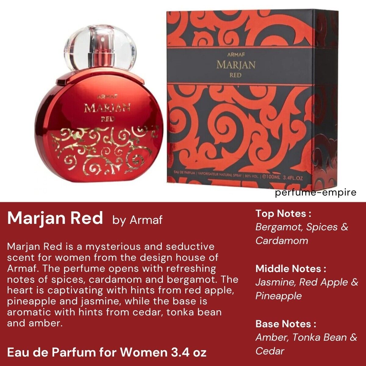 Armaf Marjan Red Eau De Parfum Spray By Armaf - 3.4 oz Armaf Marjan Red Eau De Parfum Spray By Armaf - 3.4 oz