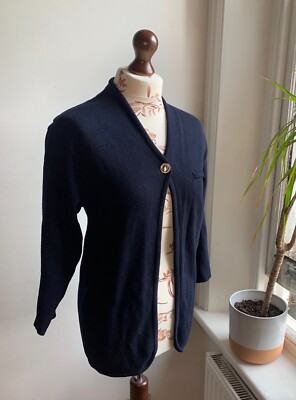 Vintage 80s Jaeger Navy Blue Merino Wool Cardigan Jumper, V-Neck, Uk10 Medium