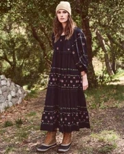 The Great Folklore Midi Dress Floral Hand Embroidered Tiered Cotton M-2 279911