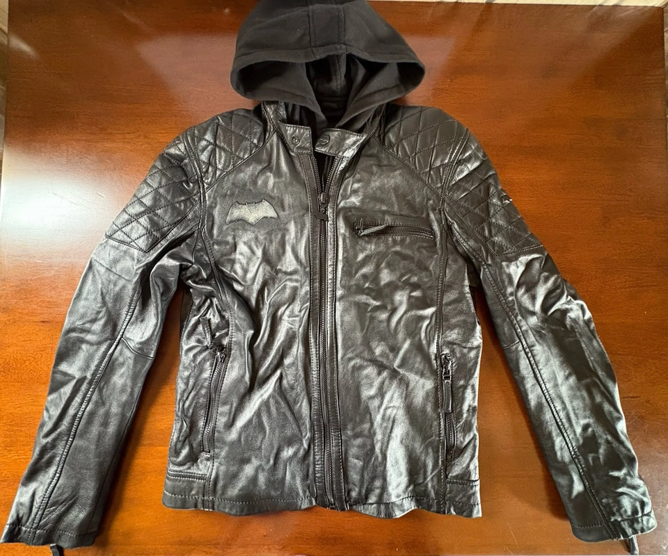 Batman Distressed Logo Biker Black Leather Jacket with Removable Hood **READ** - Image 2 of 4