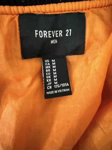 Forever 21 Men Bomber Jacket M Black Orange Lining Patches HYPE Pizza Punk image 6